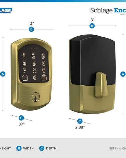 Schlage Encode Smart WiFi Deadbolt Lock for Front Door - Keyless Entry with App or Touchscreen - Works with Alexa, Apple HomeKit, Hey Google, & Airbnb - Create Codes for Guests - Satin Brass Gold SchlageLockCompany