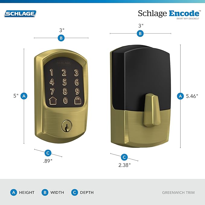 Schlage Encode Smart WiFi Deadbolt Lock for Front Door - Keyless Entry with App or Touchscreen - Works with Alexa, Apple HomeKit, Hey Google, & Airbnb - Create Codes for Guests - Satin Brass Gold SchlageLockCompany