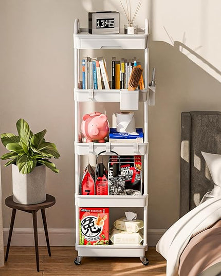 5 Tier Small Rolling Cart Organizer,Bathroom Cart Organizers with Wheels Laundry Room Organization Mobile Shelving Unit Utility Cart Storage Shelves Multi-Functional for Office, Home(White) - LeafyLoom