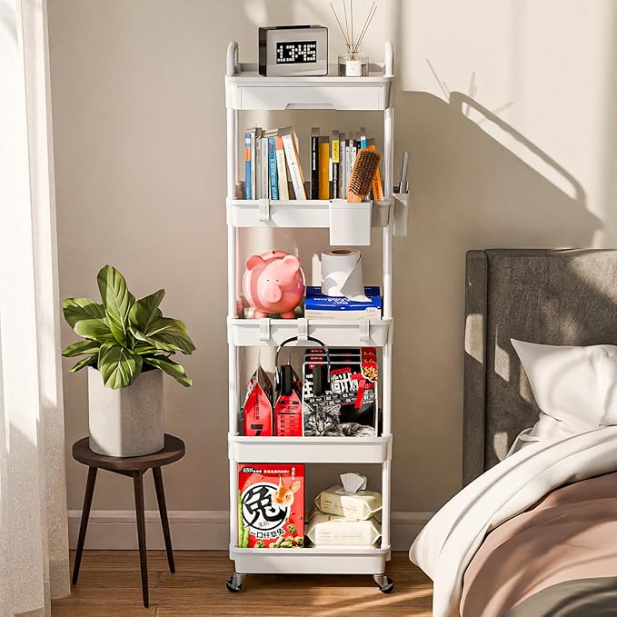 5 Tier Small Rolling Cart Organizer,Bathroom Cart Organizers with Wheels Laundry Room Organization Mobile Shelving Unit Utility Cart Storage Shelves Multi-Functional for Office, Home(White) - LeafyLoom
