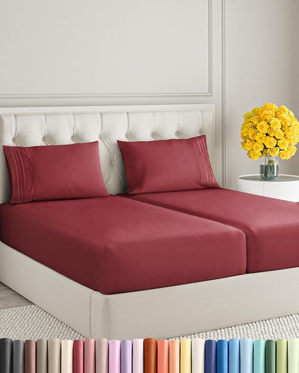 Split King Size 5 Piece Sheet Set - Comfy Breathable & Cooling Sheets - Hotel Luxury Bed Sheets for Women & Men - Deep Pockets, Easy-Fit, Soft & Wrinkle Free Sheets - Burgundy Oeko-Tex Bed Sheet Set - LeafyLoom