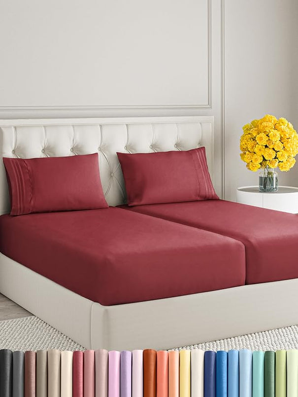 Split King Size 5 Piece Sheet Set - Comfy Breathable & Cooling Sheets - Hotel Luxury Bed Sheets for Women & Men - Deep Pockets, Easy-Fit, Soft & Wrinkle Free Sheets - Burgundy Oeko-Tex Bed Sheet Set - LeafyLoom