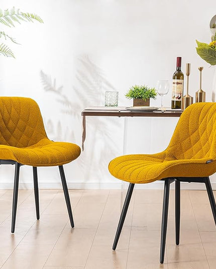 YOUNUOKE Comfortable Dining Chairs Set of 2, Mid-Century Modern Kitchen Dining Room Chairs, Upholstered Backrest Boucle Dining Chair with Black Metal, Yellow - LeafyLoom