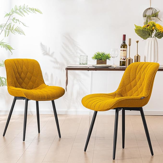 YOUNUOKE Comfortable Dining Chairs Set of 2, Mid-Century Modern Kitchen Dining Room Chairs, Upholstered Backrest Boucle Dining Chair with Black Metal, Yellow - LeafyLoom