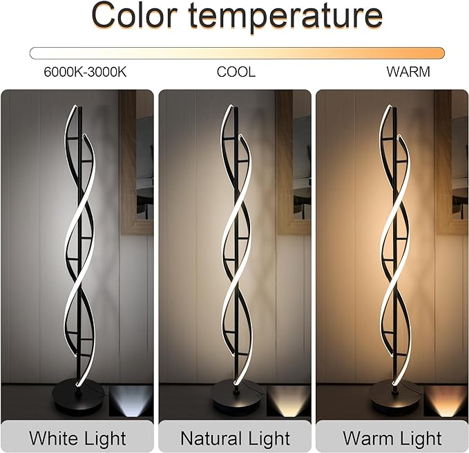Spiral Floor Lamp 53 inch, with Remote Control Three Color Dimmable Standing Lamps, Modern Creative Pole Lamp, 36W Floor Lamps for Living Room, Bedroom, Office, Study Light（Black） - LeafyLoom