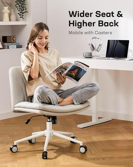 Marsail Armless-Office Desk Chair with Wheels: PU Leather Cross Legged Wide Chair,Comfortable Adjustable Swivel Computer Task Chairs for Home,Office,Make Up,Small Space,Bed Room(Balanced Beige) - LeafyLoom