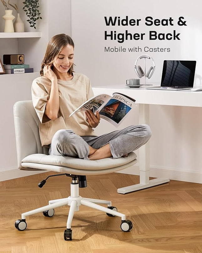 Marsail Armless-Office Desk Chair with Wheels: PU Leather Cross Legged Wide Chair,Comfortable Adjustable Swivel Computer Task Chairs for Home,Office,Make Up,Small Space,Bed Room(Balanced Beige) - LeafyLoom