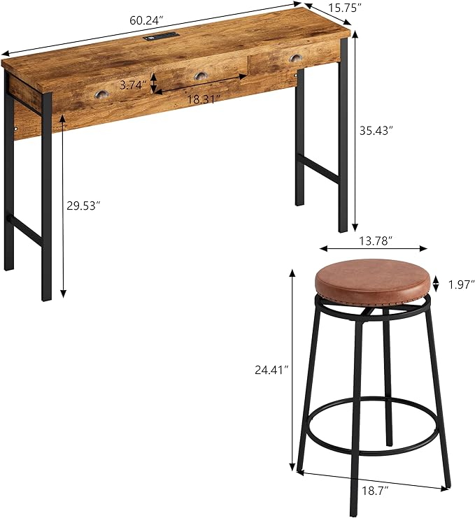 NicBex Modern Dining Table Counter Height Dining Table Set 3-Drawer Long Dining Table Set, Bar Kitchen Table Set with Circular Pu Stools for Dining Room, Living Room, Easy Assemble, Brown - LeafyLoom