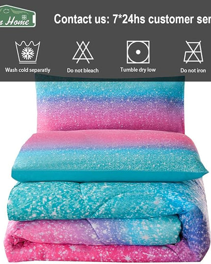 JQinHome Queen 3Pcs Glitter Comforter Sets for Girls, 3D Colorful Duvet Pink Rainbow Themed Bedding, All-Season Reversible Quilted Duvet,for Girls Women- includes 1 Comforter, 2 Pillowcases - LeafyLoom