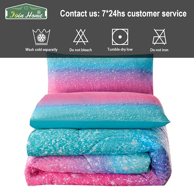 JQinHome Queen 3Pcs Glitter Comforter Sets for Girls, 3D Colorful Duvet Pink Rainbow Themed Bedding, All-Season Reversible Quilted Duvet,for Girls Women- includes 1 Comforter, 2 Pillowcases - LeafyLoom