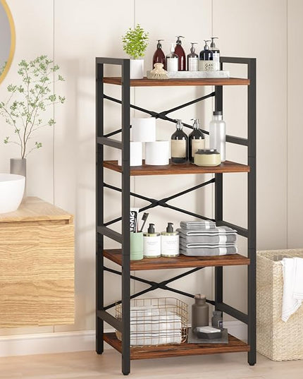 Yoobure 4 Tier Bookshelf - Small Book Shelf Industrial Bookcase, Narrow Book Case Book Storage Organizer for CD/Movie/Book, Bookshelves for Bedroom Office Living Room Berry Brown - LeafyLoom