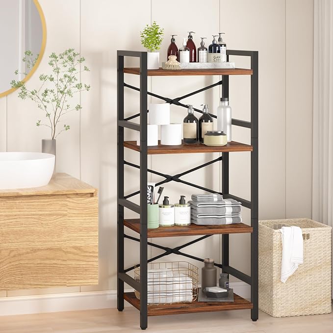 Yoobure 4 Tier Bookshelf - Small Book Shelf Industrial Bookcase, Narrow Book Case Book Storage Organizer for CD/Movie/Book, Bookshelves for Bedroom Office Living Room Berry Brown - LeafyLoom