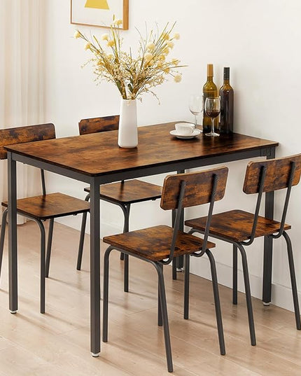 Dining Table Set for 4, 5-Piece Set Industrial Metal Wood 43.3" Kitchen Dining Table with 4 Dining Chairs, Indoor Modern Furniture Set for Dining Room, Dinette, Breakfast Nook, Rustic Brown - LeafyLoom