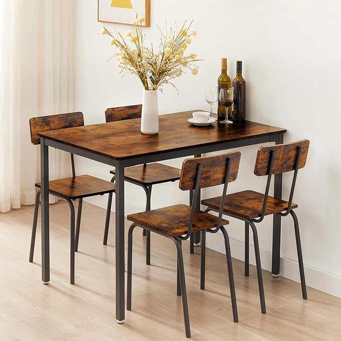 Dining Table Set for 4, 5-Piece Set Industrial Metal Wood 43.3" Kitchen Dining Table with 4 Dining Chairs, Indoor Modern Furniture Set for Dining Room, Dinette, Breakfast Nook, Rustic Brown - LeafyLoom