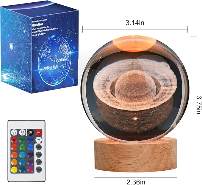 Large 3D Crystal Ball Saturn Lamp, Crystal Lamp 16 Color Changing Night Light with Remote Control for Bedroom Decor, Birthday Gift for Teens Boys and Girls, Saturn Model - LeafyLoom