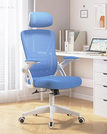 Ergonomic Office Chair, Mid Back Desk Chair with Adjustable Height, Swivel Chair with Flip-Up Arms and Lumbar Support, Breathable Mesh Computer Chair with Headrest (White and Blue) - LeafyLoom