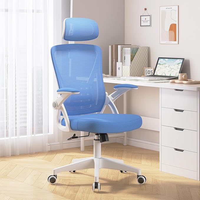Ergonomic Office Chair, Mid Back Desk Chair with Adjustable Height, Swivel Chair with Flip-Up Arms and Lumbar Support, Breathable Mesh Computer Chair with Headrest (White and Blue) - LeafyLoom