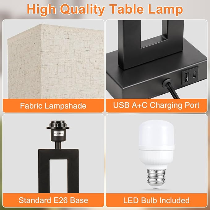 22" Tall Living Room Lamps for Night Stands - Touch Bedside Lamp with USB C+A, 3 Way Dimmable bedroom Lamps for End Tables Set of 2, Modern Night Stand Lamps for Room(Cream&Black) - LeafyLoom