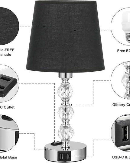 Acaxin Bedside Table Lamps for Bedrooms Set of 2 Nightstand- Crystal Table Lamps with USB C+A Ports & AC Outlet for Charging, 3 Way Dimmable Touch Silver Small Bed Side Table Lamp for Guest Room - LeafyLoom