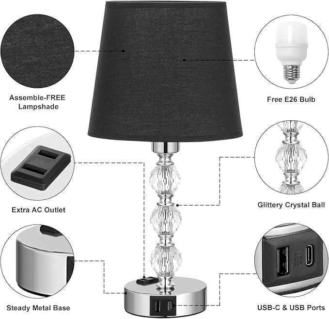 Acaxin Bedside Table Lamps for Bedrooms Set of 2 Nightstand- Crystal Table Lamps with USB C+A Ports & AC Outlet for Charging, 3 Way Dimmable Touch Silver Small Bed Side Table Lamp for Guest Room - LeafyLoom