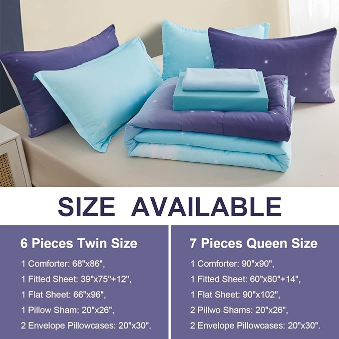 Girls Comforter Set Queen Size 7 Pieces Bed in A Bag Ombre Blue Purple Rainbow Bedding Set Collections for Teen Women (1 Comforter, 1 Flat Sheet, 1 Fitted Sheet, 2 Pillow shams, 2 Pillowcases) - LeafyLoom