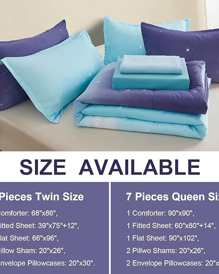Girls Comforter Set Twin Size 6 Pieces Bed in A Bag Colorful Ombre Blue Purple Rainbow Bedding Set for Kids Teen (1 Comforter, 1 Flat Sheet, 1 Fitted Sheet, 1 Pillow sham, 2 Pillowcases) - LeafyLoom