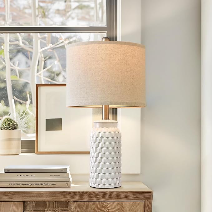 20.5" Modern Ceramic White Bedside Lamp Single Table Lamp for Bedroom Decor Farmhouse Table Lamp for Living Room Office Dorm - LeafyLoom