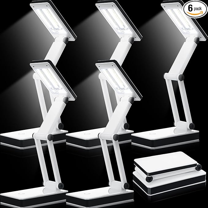 6 Pcs Foldable LED Desk Lamp with USB 3 Adjustable Brightness Portable Rechargeable Light Folding 240 Lumens Touch Control Table Lamp for Travel Reading Home Office, Battery and USB Powered - LeafyLoom