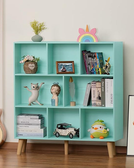 LEYAOYAO 8 Cube Bookshelf 3-Tier Bookcase with Legs, Mint-Green Kids Book Shelf Cute Storage Organizer, Large Open Toy Shelves Modern Bookshelves,Display Bookcases for Bedroom,Living Room,Nursery - LeafyLoom