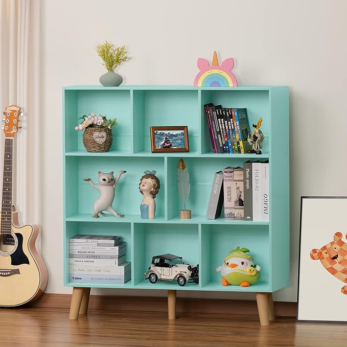 LEYAOYAO 8 Cube Bookshelf 3-Tier Bookcase with Legs, Mint-Green Kids Book Shelf Cute Storage Organizer, Large Open Toy Shelves Modern Bookshelves,Display Bookcases for Bedroom,Living Room,Nursery - LeafyLoom