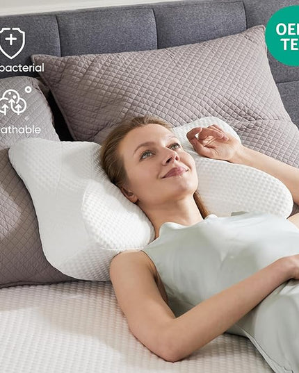 JHK Contour Neck Pillows for Neck Pain Relief, Ergonomic Cervical Neck Pillow, Memory Foam Orthopedic Bed Pillow for Side Back Stomach Sleeper, Cooling Pillow with Breathable Pillowcase, White - LeafyLoom