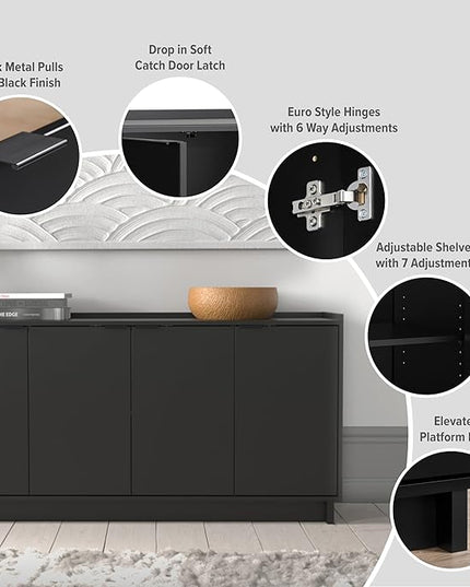 Prepac Simply Modern 4 Console Table Doors and Shelves, Sideboard Storage Cabinet, 60" W x 30" H x 16" D, Black - LeafyLoom