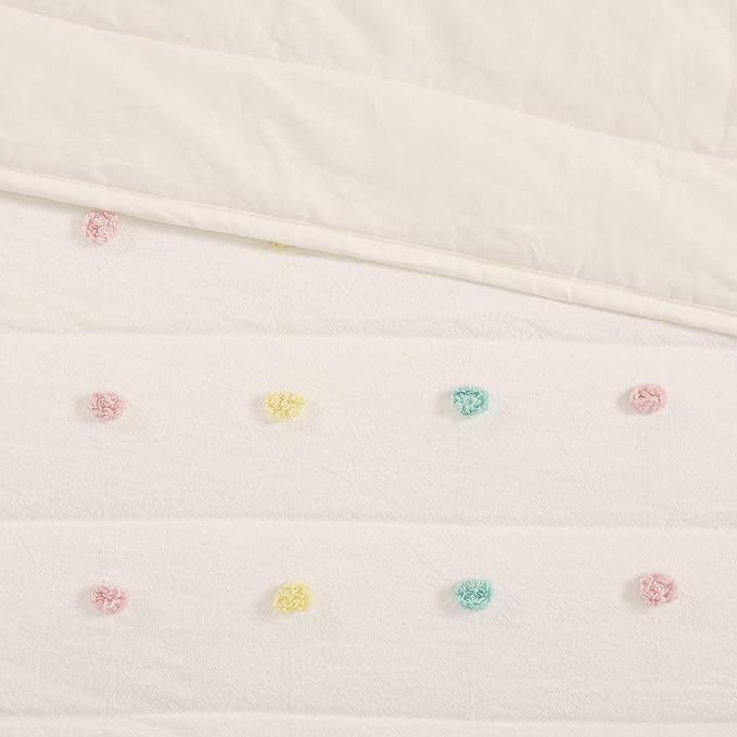 Quilt Set Cotton Jacquard Weave Colorful Poms Accent All Season Shabby Chic Bedding Coverlet Bedspred, Girls Bedroom Décor, Full Queen, Multi 5 Piece - LeafyLoom