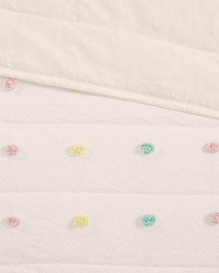 Quilt Set Cotton Jacquard Weave Colorful Poms Accent All Season Shabby Chic Bedding Coverlet Bedspred, Girls Bedroom Décor, Twin, Multi 4 Piece XL - LeafyLoom