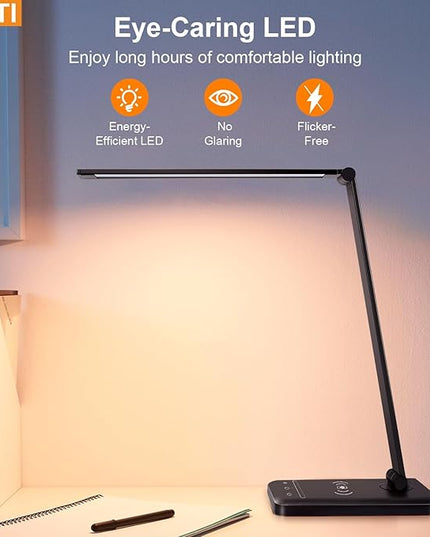 LED Desk Lamp with Wireless charging，Dimmable Desk Light, 5 Light Colors, 6 Brightness Levels, Touch Control Table Lamp with USB Rechargeable, Auto Timer, for College Dorm, Home, Office - LeafyLoom
