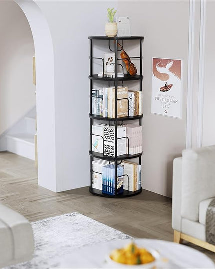 Rotating Bookshelf, 4 Tier Spinning Bookshelf Tower, 360° Display Unique Round Bookcase, Floor Standing Corner Revolving Bookshelf Storage Organizer for Small Spaces, Home Study Office, Black - LeafyLoom