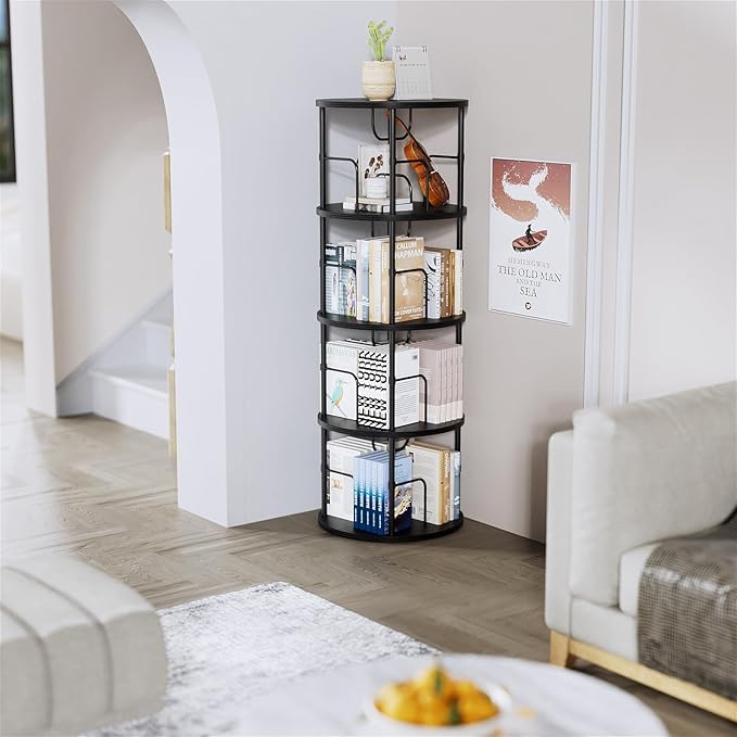 Rotating Bookshelf, 4 Tier Spinning Bookshelf Tower, 360° Display Unique Round Bookcase, Floor Standing Corner Revolving Bookshelf Storage Organizer for Small Spaces, Home Study Office, Black - LeafyLoom