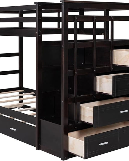 Twin Over Twin Bunk Bed with Stairs, 4 Storage Drawers and Trundle, Wooden Bunkbeds with Staircase and Full-Length Guardrails, for Kids/Teens/Adults, Espresso - LeafyLoom