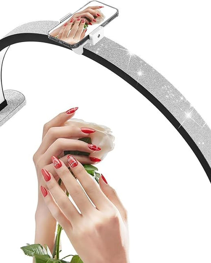 Half Moon Light for Nail Desk, 30 in 40W Half Moon Table Lamp Nail Desk Lamp with Phone Holder for Nail Tech, Beauty, Eyelashes, Tattoos, Crafts, Lash Lamp with Touch Brightness Adjustment - LeafyLoom