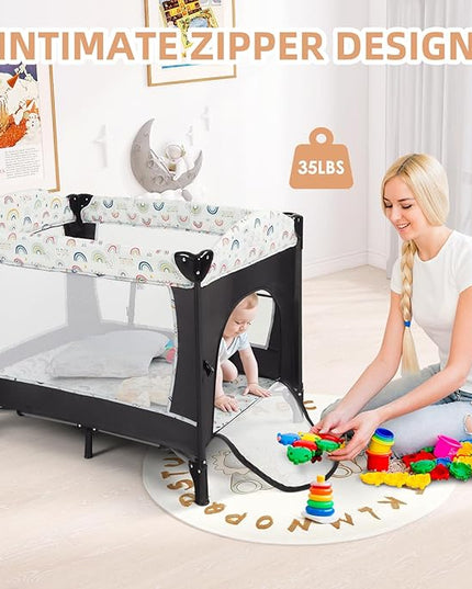 Kinder King 4 in 1 Portable Nursery Center, Foldable Baby Bedside Crib w/Bassinet, Infant Pack n Play Playard Toddler Large Playpen, Newborn Changing Table, Storage Basket, Side Zipper,Multicolour - LeafyLoom