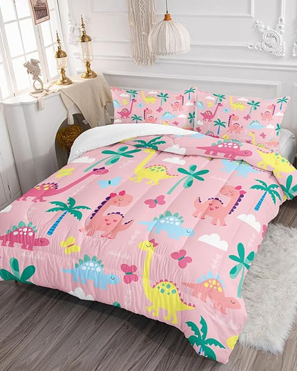 Axolotl Cute Dinosaur Comforter Set Queen,Colorful Dinosaur Girls Bedding Set,Dinosaurs Print Comforter Sets Botanical Palm Trees,Butterfly Bedding Set for Kids Girls Teens,1 Quilt 2 Pillowcases,Pink - LeafyLoom
