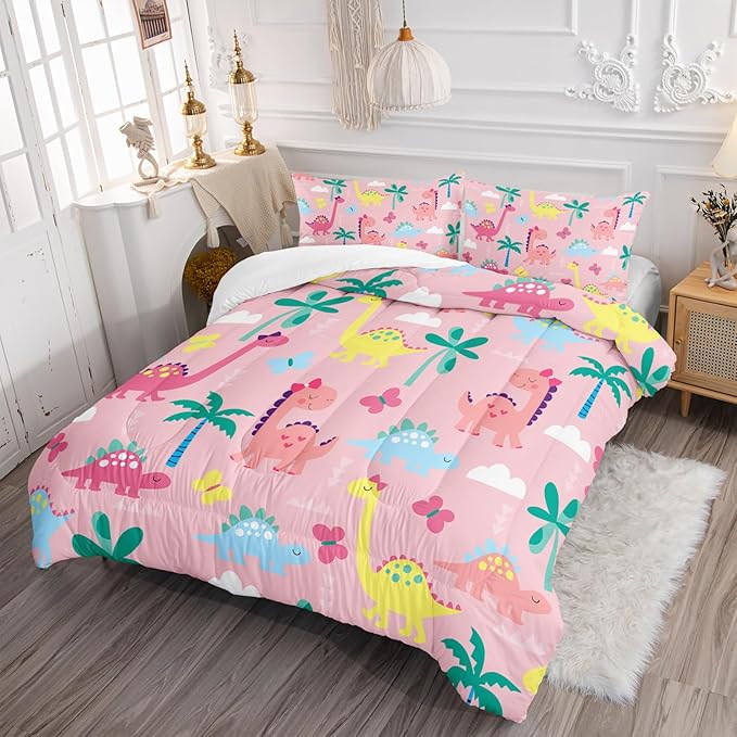 Axolotl Cute Dinosaur Comforter Set Queen,Colorful Dinosaur Girls Bedding Set,Dinosaurs Print Comforter Sets Botanical Palm Trees,Butterfly Bedding Set for Kids Girls Teens,1 Quilt 2 Pillowcases,Pink - LeafyLoom