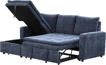 89'' L Shaped Upholstered Convertible Sleeper Sectional Sofa with Storage Chaise and Pull-Out Bed, 3-Seat Reversible Corner Couches for Living Rooms, Offices, Apartment, Blue, 89 Inch - LeafyLoom