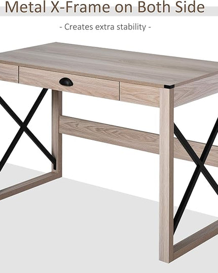 HOMCOM 44 inch Home Office Computer Desk, Rustic Writing Desk, Farmhouse Workstation with Storage Drawer, X-Frame - LeafyLoom