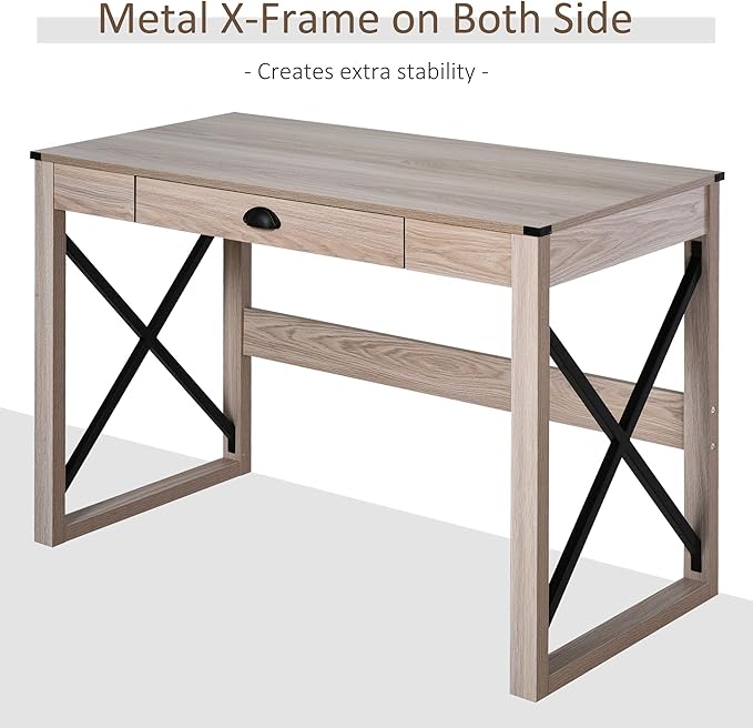 HOMCOM 44 inch Home Office Computer Desk, Rustic Writing Desk, Farmhouse Workstation with Storage Drawer, X-Frame - LeafyLoom