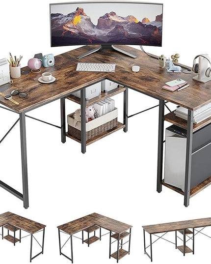 Bestier L Shaped Computer Desk, Reversible Corner Office Desk with Shelves, 75 Inch 2 Person Long Desk, Writing Study Table for Home Office Bedroom Small Space Apartment (Rustic Brown) - LeafyLoom
