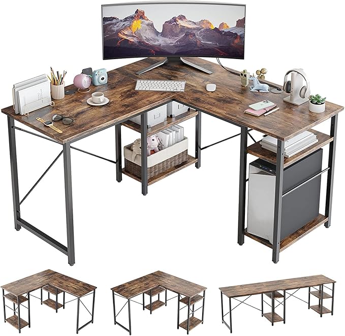 Bestier L Shaped Computer Desk, Reversible Corner Office Desk with Shelves, 75 Inch 2 Person Long Desk, Writing Study Table for Home Office Bedroom Small Space Apartment (Rustic Brown) - LeafyLoom