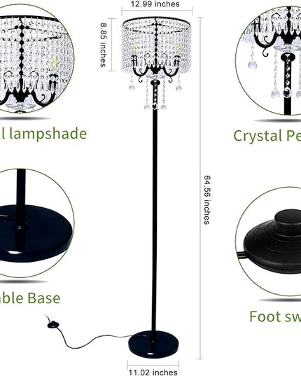 Hsyile KU300267 Modern Elegance Crystal Floor Lamp for Living Room,Bedroom,Office - Standing Tall Pole Lamp - Classic Black - LeafyLoom