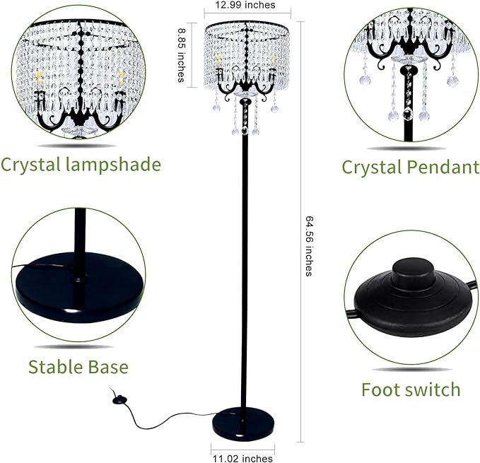 Hsyile KU300267 Modern Elegance Crystal Floor Lamp for Living Room,Bedroom,Office - Standing Tall Pole Lamp - Classic Black - LeafyLoom