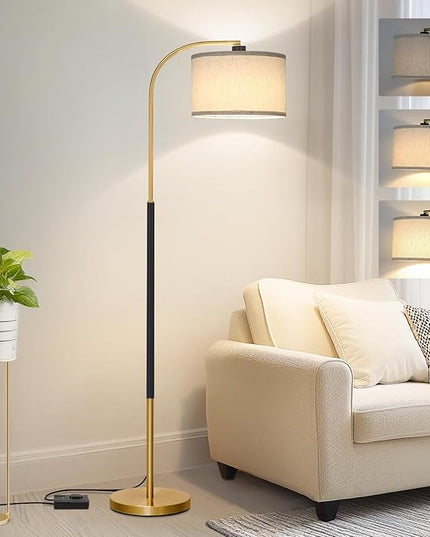 Dimmable Floor Lamp for Living Room, Arc Floor Lamps with Adjustable Drum Shade Pedal Switch, Black and Gold Tall Standing Lamp with 9W LED Bulb, Modern Reading Light Pole Lamp for Bedroom, Office - LeafyLoom